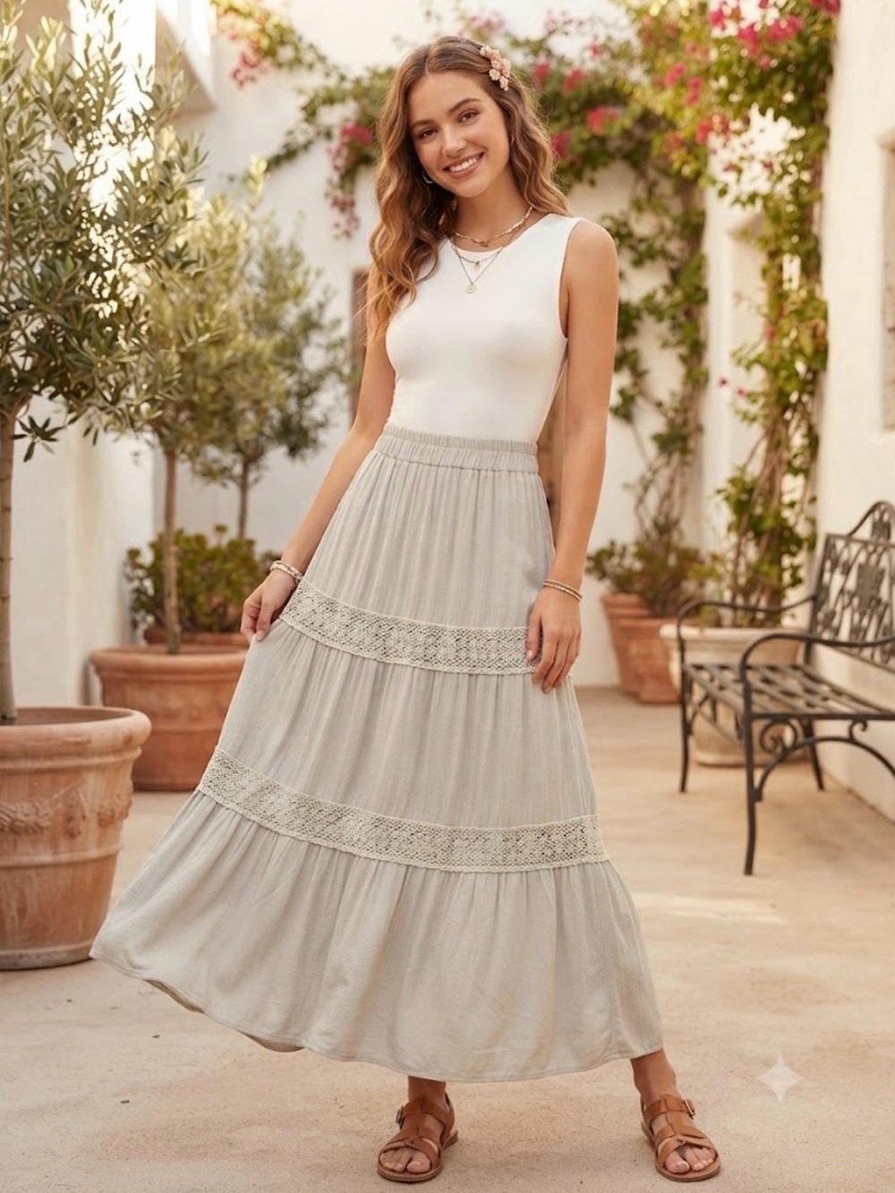 Women's Cream Tiered Lace-Trim Maxi Skirt